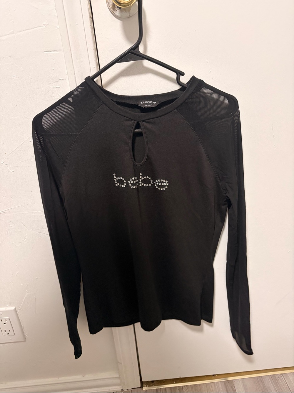 bebe Black Long Sleeve Top with Rhinestone Logo and Mesh Insets